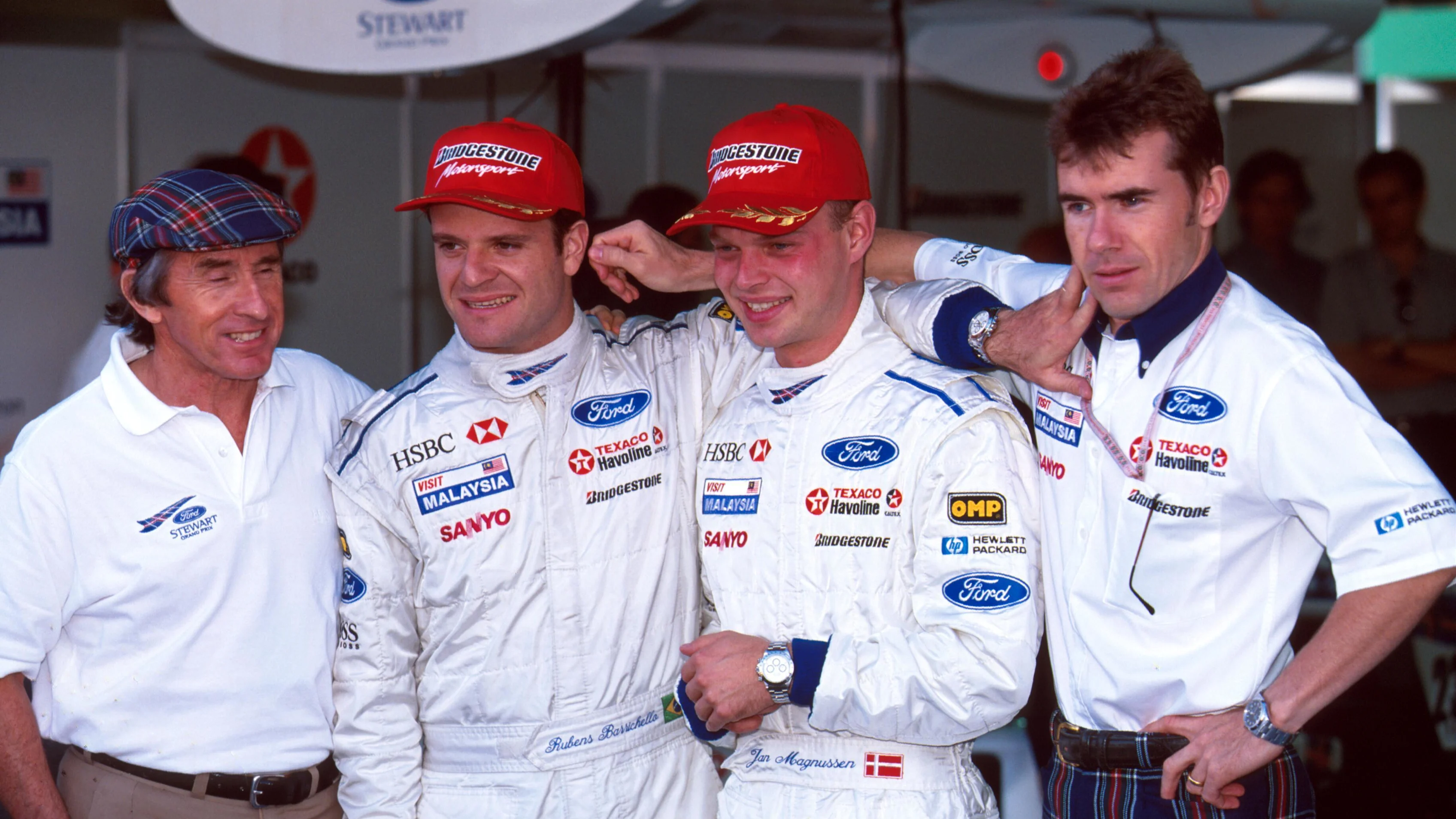 L'den R: Jackie Stewart, Rubens Barrichello, Jan Magnussen ve Paul Stewart Japon Grand Prix,