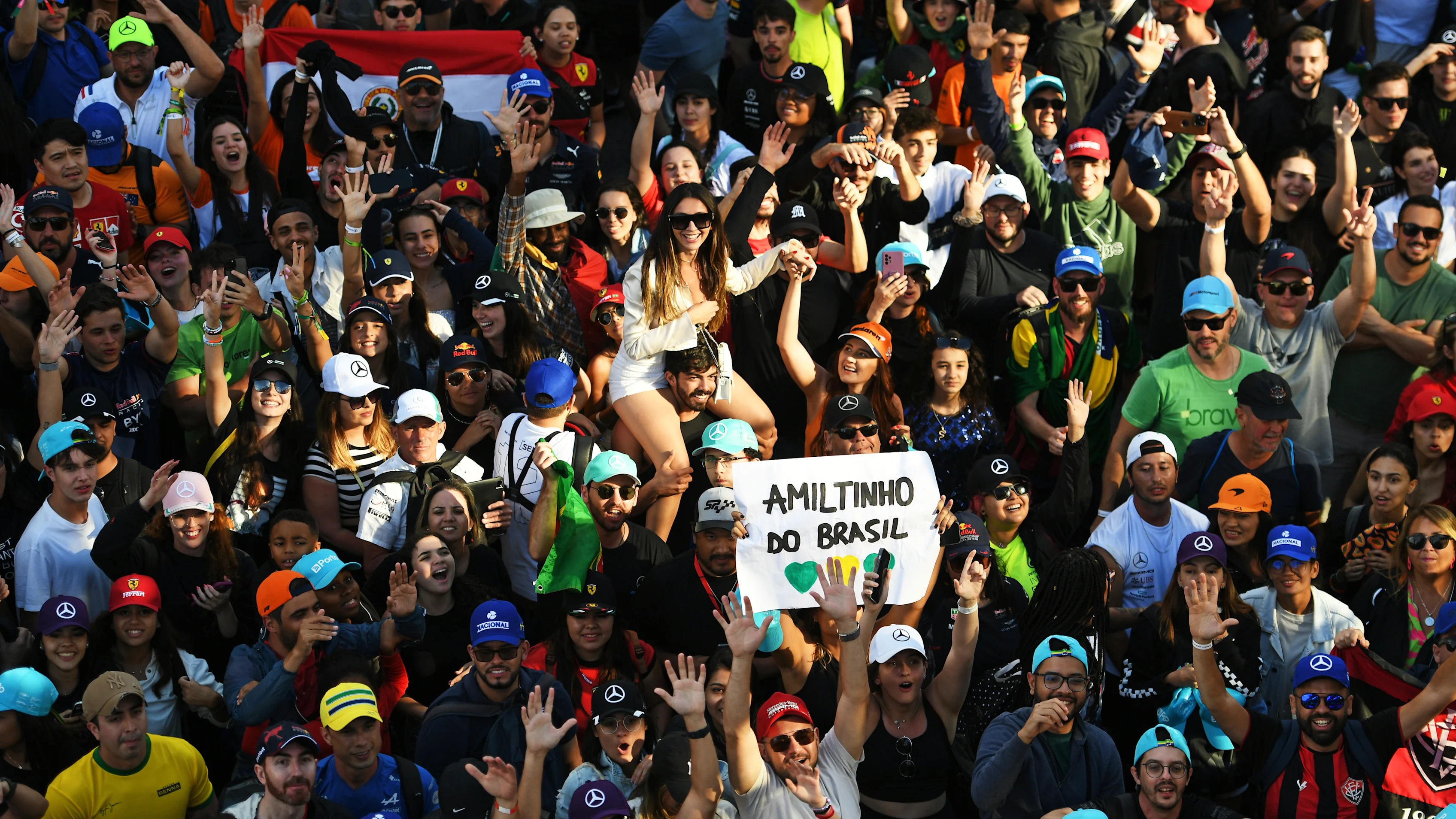 SAO PAULO, BRAZIL - NOVEMBER 05: Fans enjoy the podium celebrations during the F1 Grand Prix of