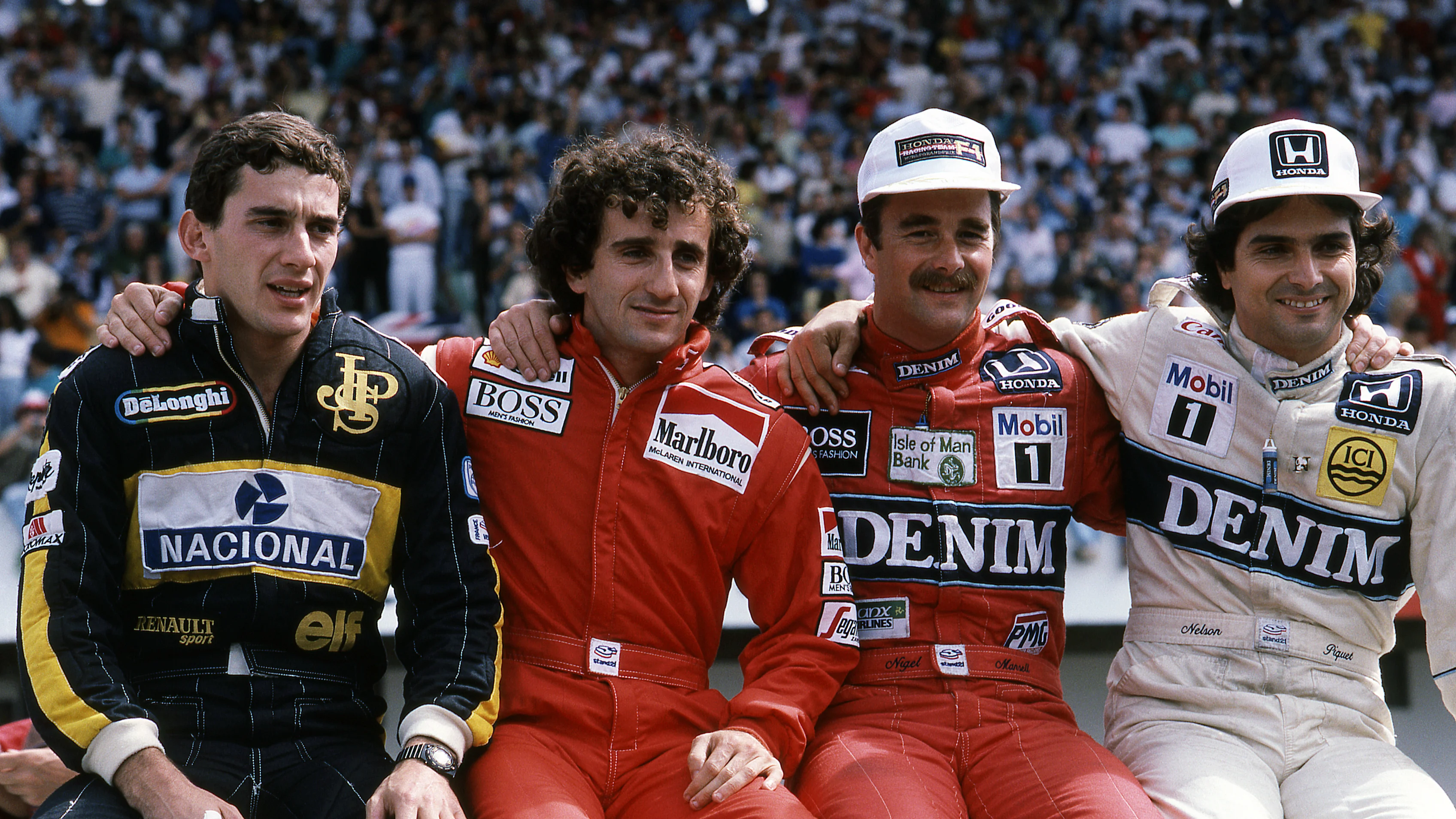 (Soldan sağa) Ayrton Senna (BRA) Lotus 98T, 4. sıra, Alain Prost (FRA) McLaren MP4/2C, 2. sıra,